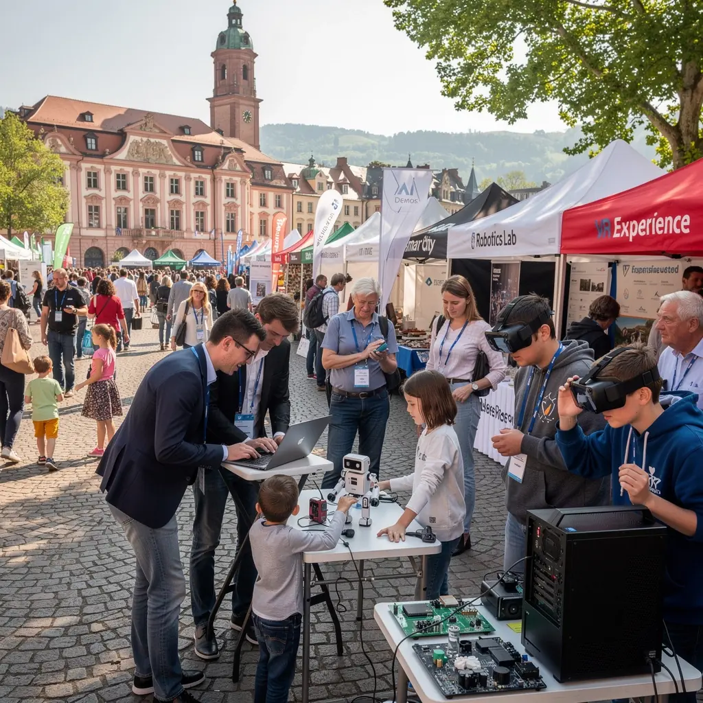 Ein Moderator präsentiert die Ergebnisse einer Umfrage zu aktuellen Technologietrends auf einer großen Leinwand.
