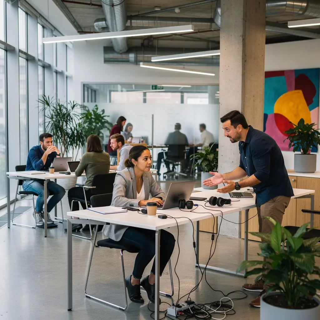 Ein Redner, der in einem Seminarraum mit verschiedenen Technologien und Grafiken im Hintergrund spricht.