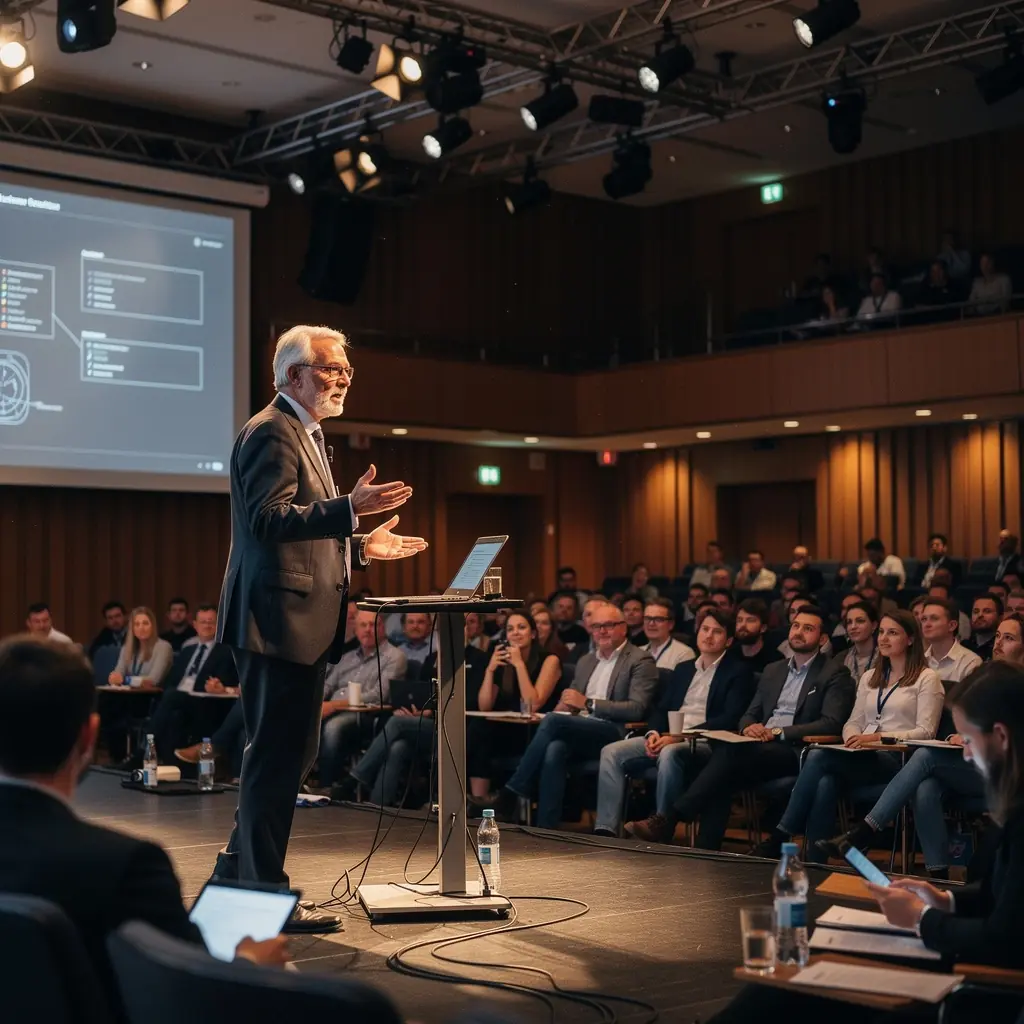 Ein Podium mit Mikrofonen und Themenankündigungen für eine öffentliche Diskussion über technische Innovationen.