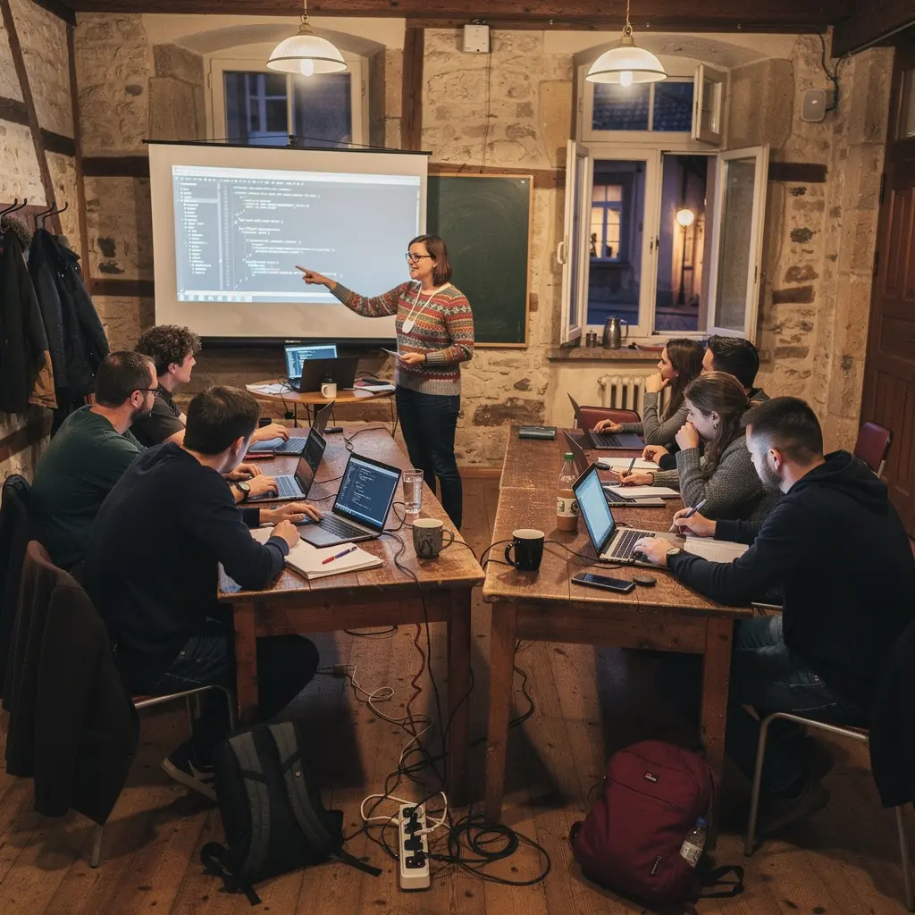 Teilnehmer einer Fachkonferenz, die aufmerksam einem Vortrag über digitale Transformation folgen.
